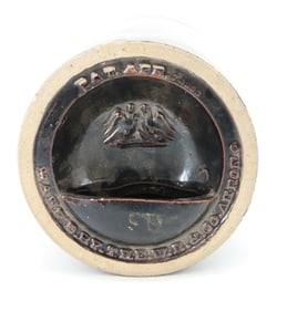 STONEWARE ADVERTISING CHICKEN WATERER, FEEDER