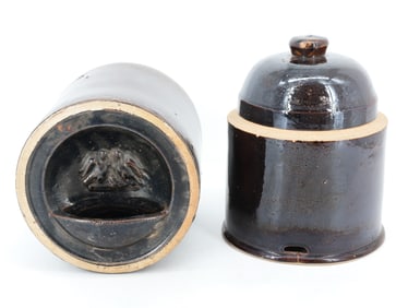 (2) STONEWARE CHICKEN WATERER / FEEDERS