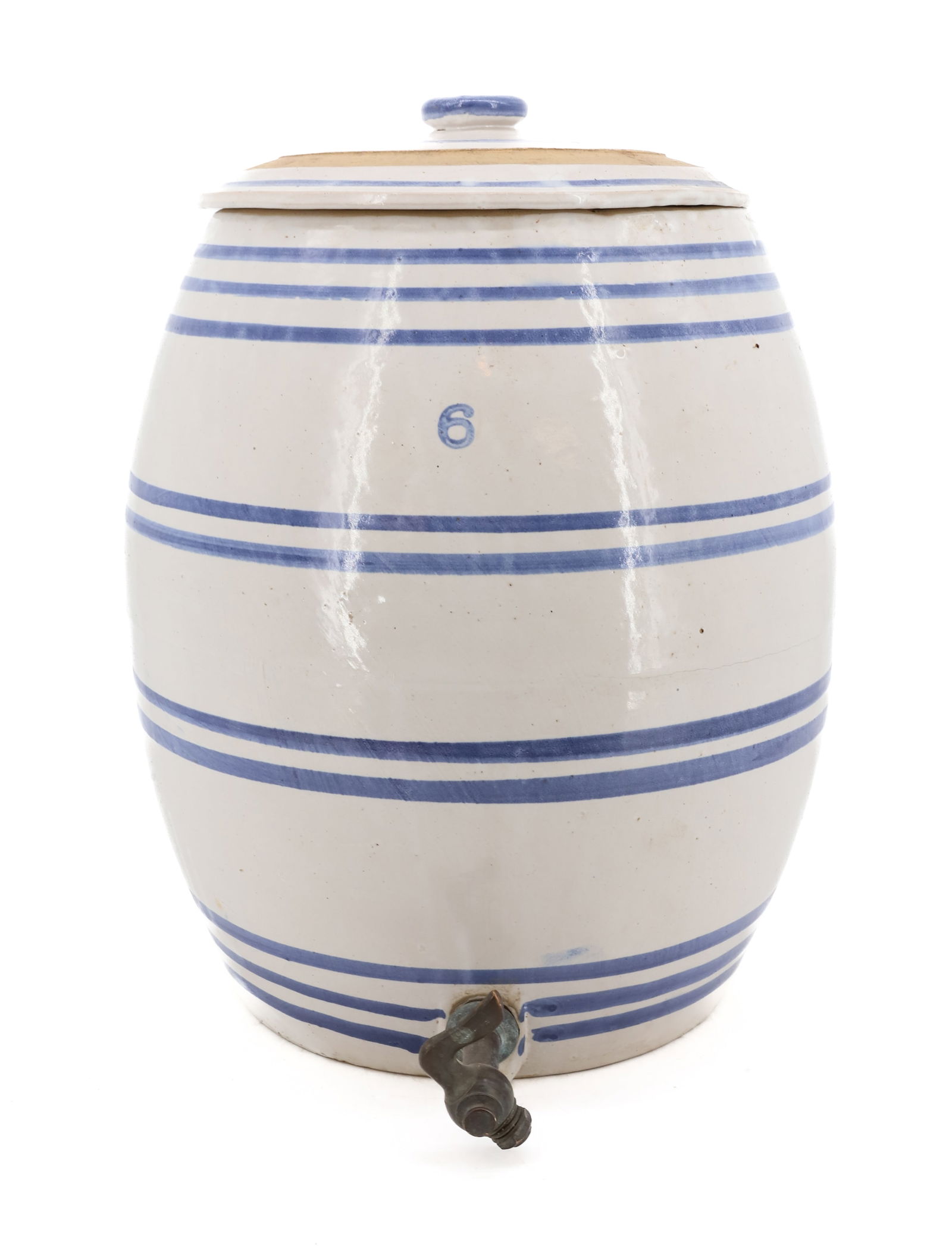 SIX-GALLON STONEWARE WATER COOLER: WHITE GLAZE WITH BLUE STRIPING. MATCHING LID. TOTAL HEIGHT 17" (WITH LID). PLEASE READ CAREFULLY - Terms for Purchasing and Shipping of Auction Items. Please read carefully before bidding. Hartzell?s