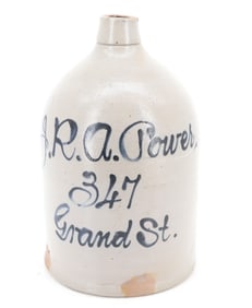 TWO-GALLON BLUE SCRIPT STONEWARE JUG
