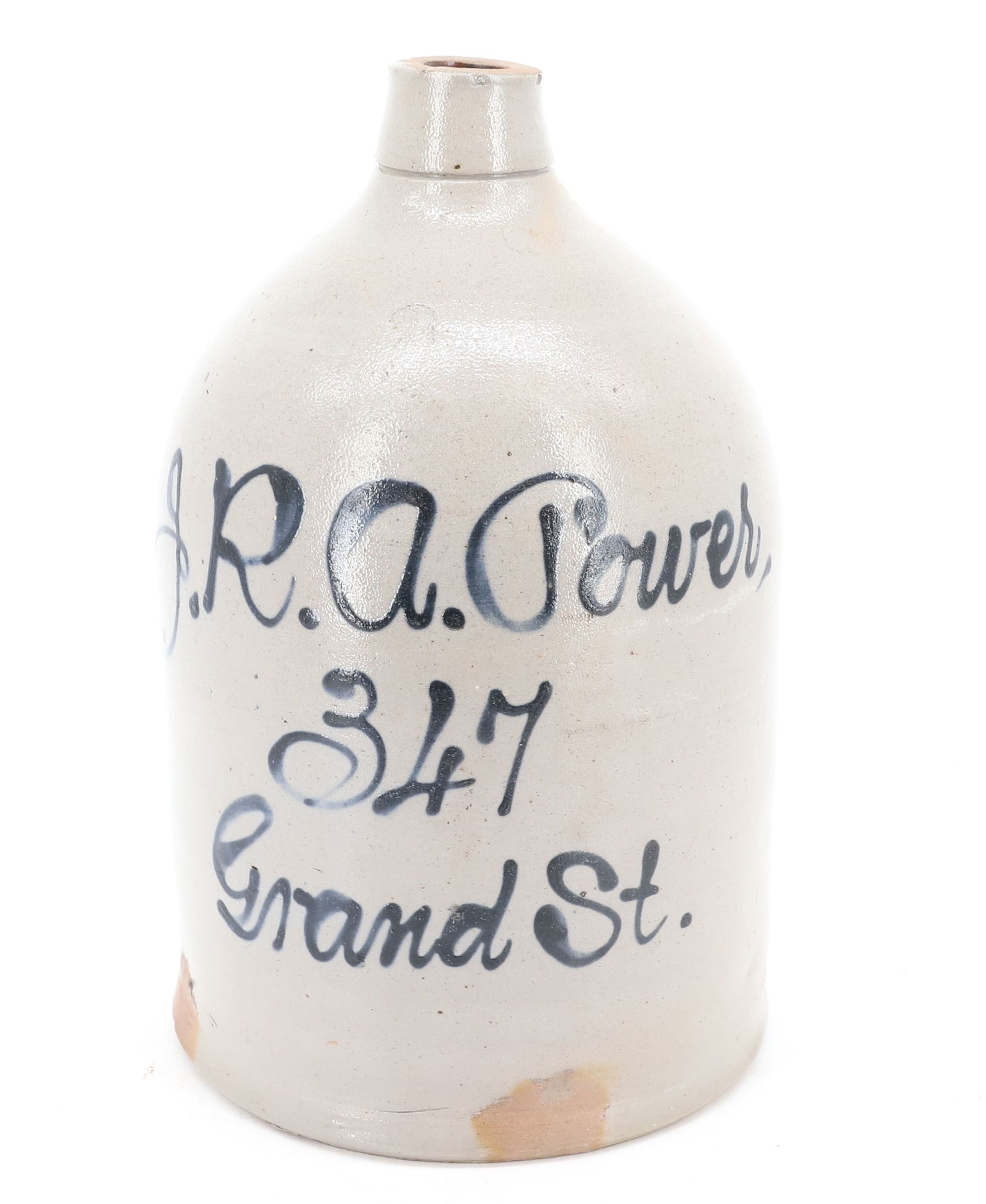 TWO-GALLON BLUE SCRIPT STONEWARE JUG (1 of 6)