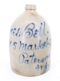 TWO-GALLON BLUE SCRIPT STONEWARE JUG