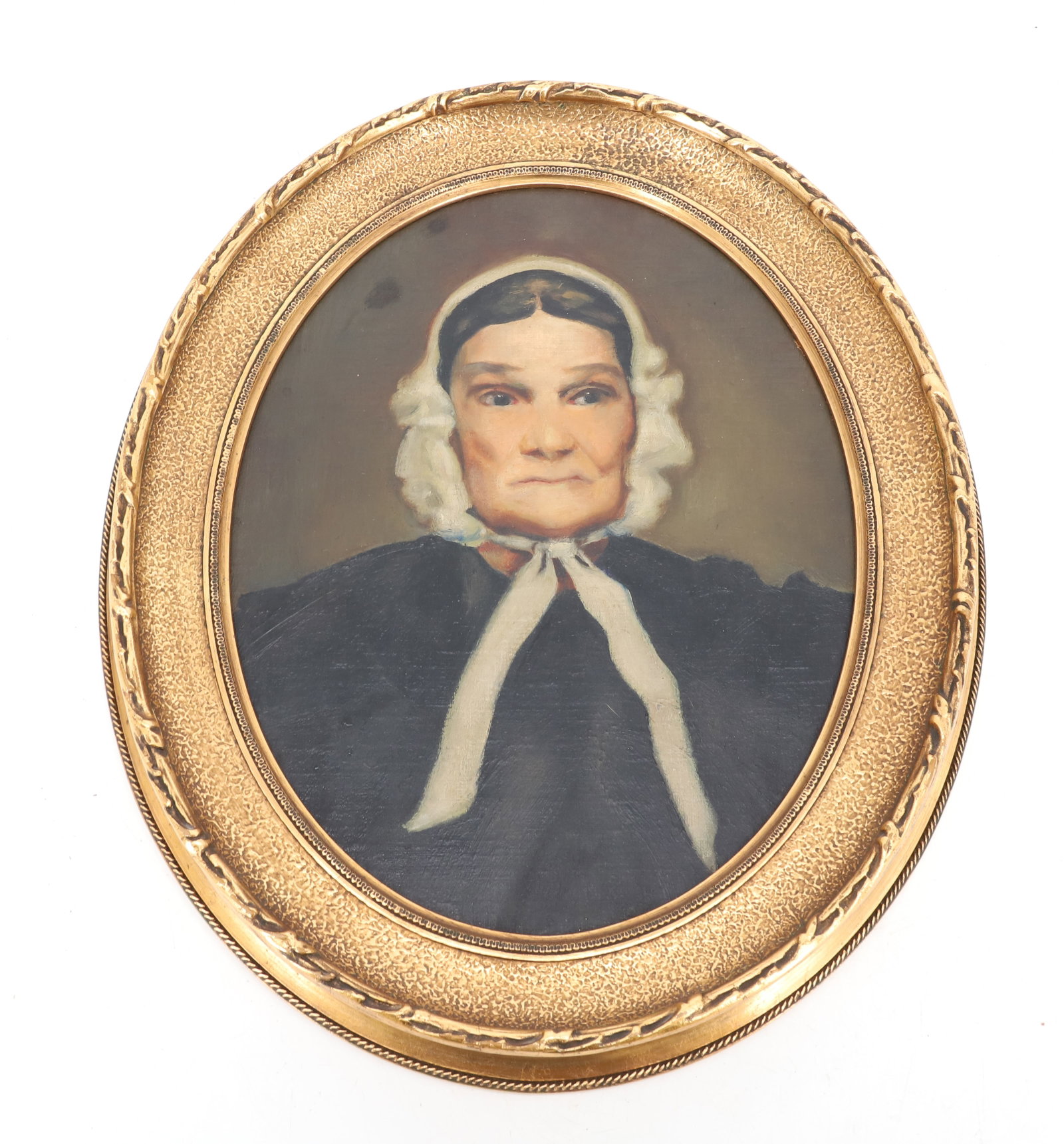 PORTRAIT OF A WOMAN, OIL ON BOARD: OLDER WOMAN WITH WHITE BONNET. OVAL FRAME. TOTAL SIZE 18" X 15". PLEASE READ CAREFULLY - Terms for Purchasing and Shipping of Auction Items. Please read carefully before bidding. Hartzell?s Auction Ga