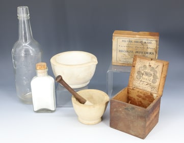 LOT OF BOTTLES, MORTAR / PESTLE AND MORE