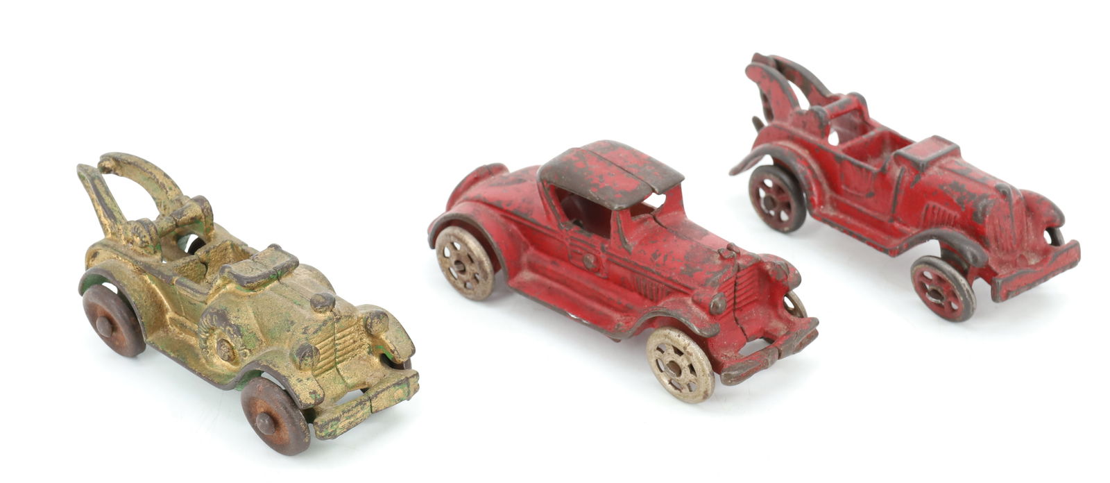 LOT OF CAST IRON TOY VEHICLES: INCLUDING: RED TOW TRUCK 5 1/4" L., RED COUPE AND GOLD SERVICE CAR. PLEASE READ CAREFULLY - Terms for Purchasing and Shipping of Auction Items. Please read carefully before bidding. Hartzell?s Auction