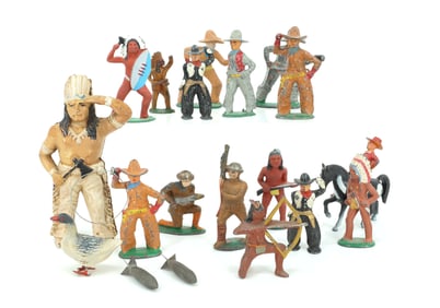 CAST IRON BANK AND METAL FIGURES