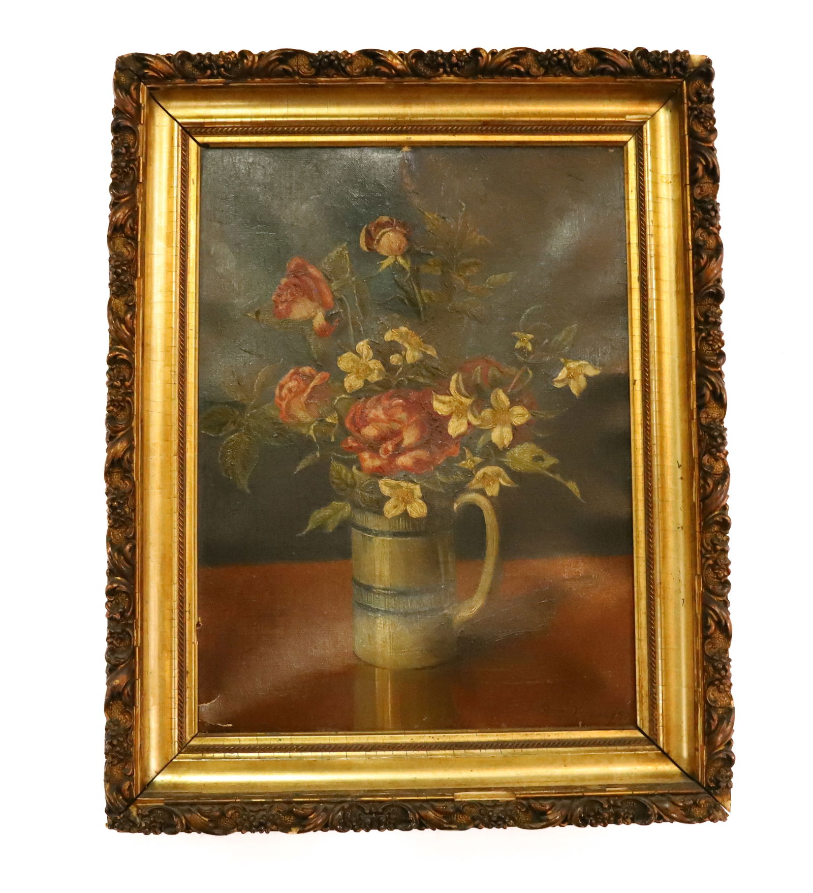 B.G. WIESEF, STILL-LIFE PAINTING: OIL ON CANVAS OF FLOWERS IN STONEWARE MUG. SGND. BOTTOM RIGHT, DATED '97. FRAMED. SIGHT VIEW 15 1/2" X 11 3/4". PLEASE READ CAREFULLY - Terms for Purchasing and Shipping of Auction Items. Please read