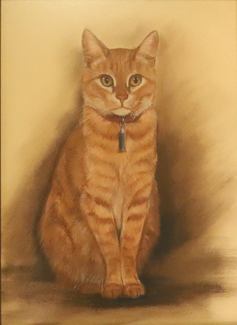 PAT KRESGE, PORTRAIT OF A CAT: ORANGE / WHITE CAT WITH COLLAR. SGND. BOTTOM RIGHT. FRAMED. 18 1/2" X 14 1/2". PLEASE READ CAREFULLY - Terms for Purchasing and Shipping of Auction Items. Please read carefully before bidding. Hartzel