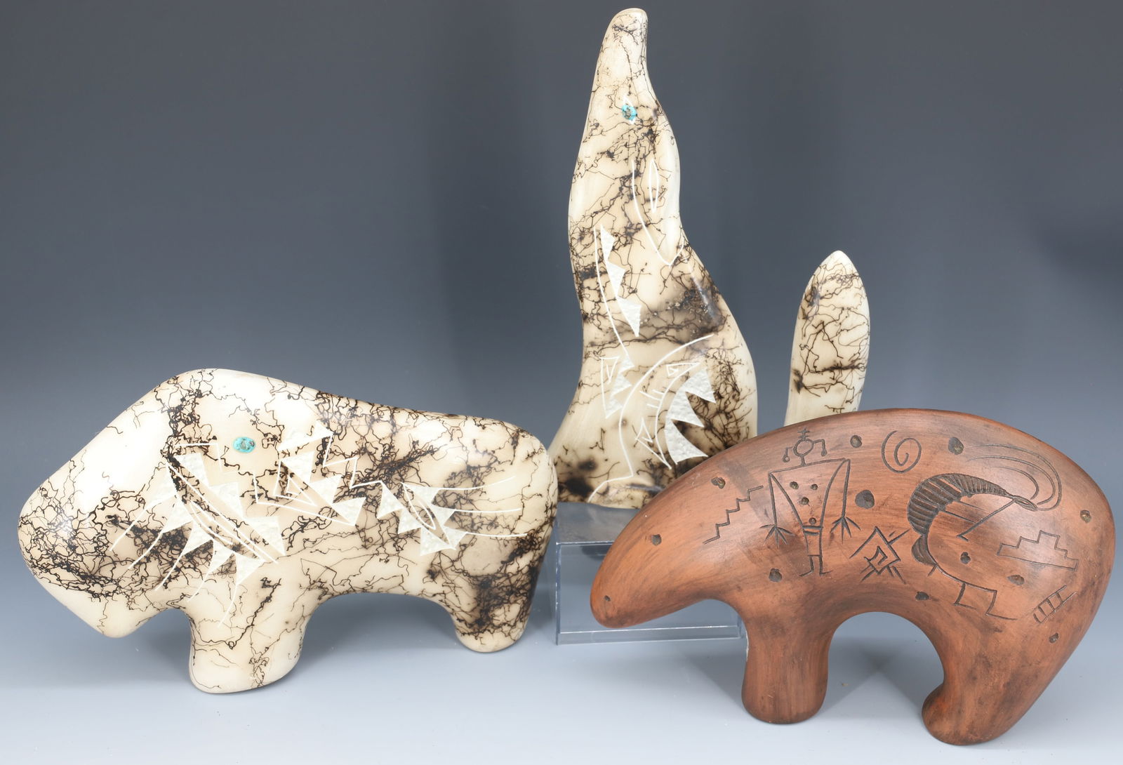 LOT OF NATIVE AMERICAN POTTERY: BISON, BEAR AND WOLF 9 1/4" H. BEAR MRKD. "RF" AND BISON MRKD. "S. SMITH, NAVAJO". PLEASE READ CAREFULLY - Terms for Purchasing and Shipping of Auction Items. Please read carefully before bidding. Har