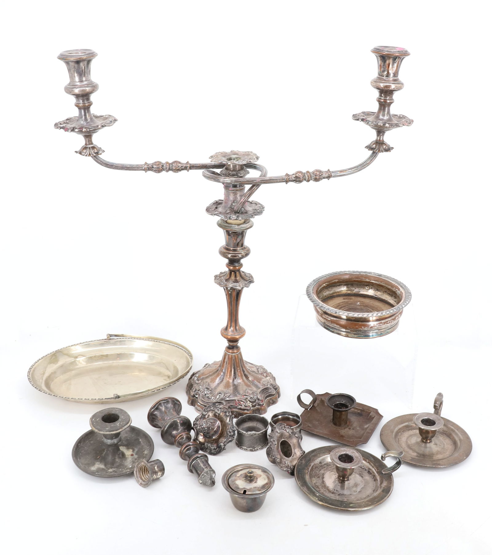 LARGE LOT OF ANTIQUE SILVERPLATE: INCLUDING: SILVERPLATE AND SILVER / COPPER. LARGE CANDELABRA 22" X 19". CANDLEHOLDERS, WINE COASTER, COVERED CONDIMENT JAR W/ COBALT INSERT, SHEFFIELD CONTAINER (LION'S HEADS) AND MORE. PLEASE READ CA