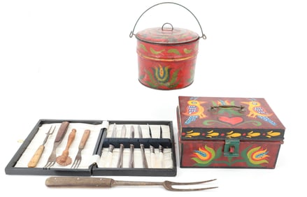 LOT OF PAINTED TIN AND FLATWARE