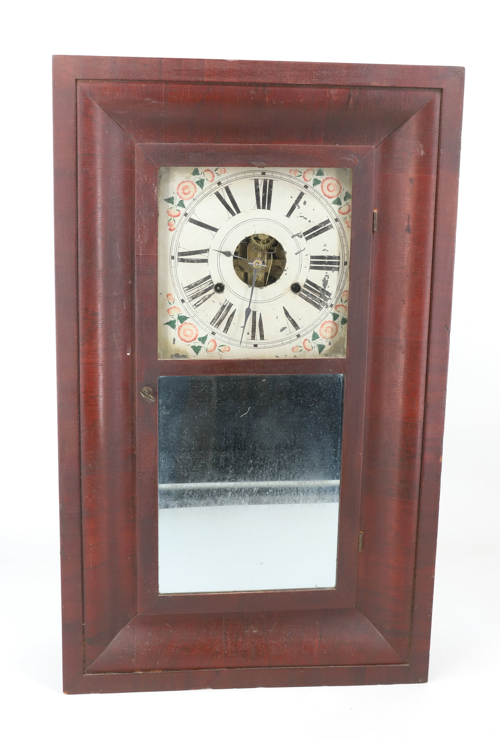 L. AND F. ANDREWS OGEE CLOCK: VENEERED CASE WITH PAINTED METAL DIAL FACE. LABELED INTERIOR. WEIGHTS AND KEY. 26 1/2" X 16". PLEASE READ CAREFULLY - Terms for Purchasing and Shipping of Auction Items. Please read carefully before b