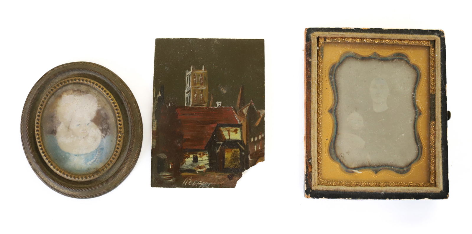 MINIATURE PORTRAIT, DAGUERREOTYPE AND PAINTING: MINIATURE WATERCOLOR PORTRAIT IN OVAL FRAME 2 1/4" X 2". DAGUERREOTYPE OF MOTHER AND CHILD 2 1/2" X 2". MINIATURE PAINTING OF BUILDINGS ON BONE. SGND. HOFFERT AT BOTTOM 2 5/8" X 2". PLEASE READ CAREFU