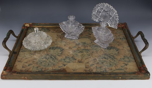 TAPESTRY TRAY AND PERFUME BOTTLES