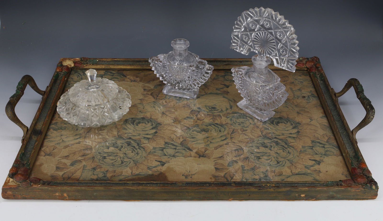 TAPESTRY TRAY AND PERFUME BOTTLES (1 of 2)