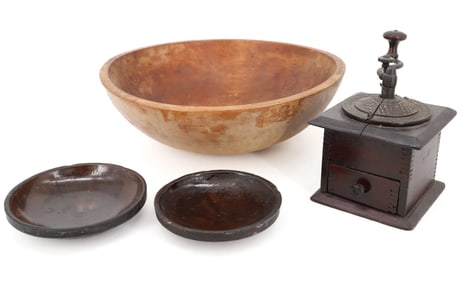 WOODEN BOWL, COFFEE GRINDER AND PIE PLATES