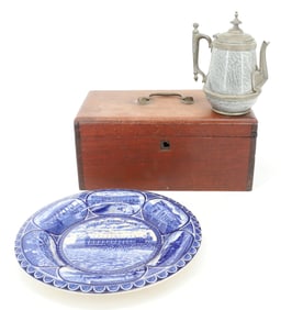 SOUVENIR PLATE, DOVETAILED BOX AND AGATE POT
