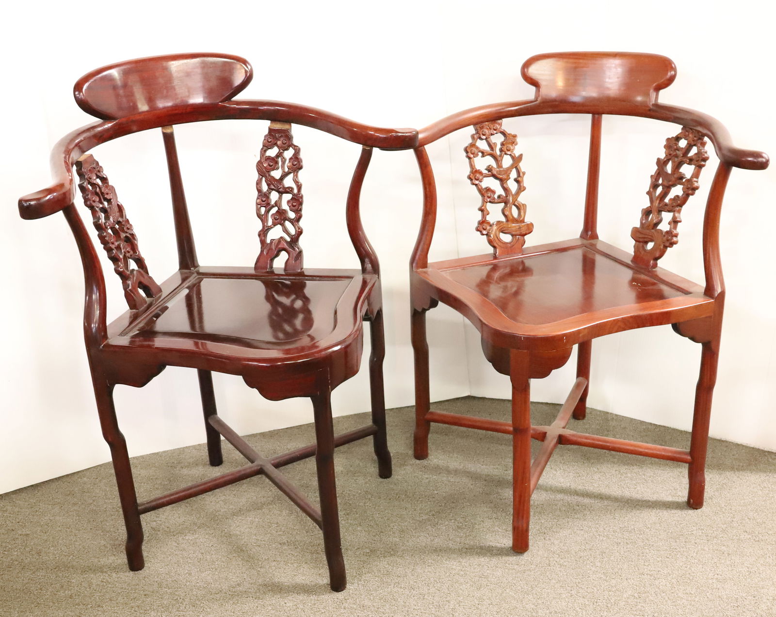 PAIR OF ORIENTAL CARVED CORNER CHAIRS (1 of 8)