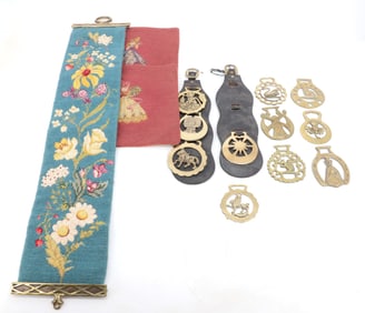 LOT OF HORSE BRASSES AND NEEDLEWORK
