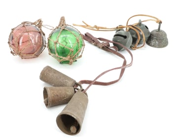 LOT OF BELLS AND FISHING NET FLOATS