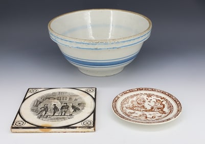 MIXING BOWL, TRANSFERWARE PLATE AND TILE
