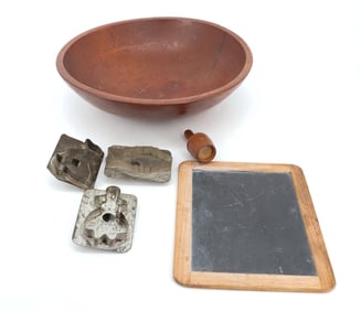 WOODEN BOWL, COOKIE CUTTERS, SLATEBOARD