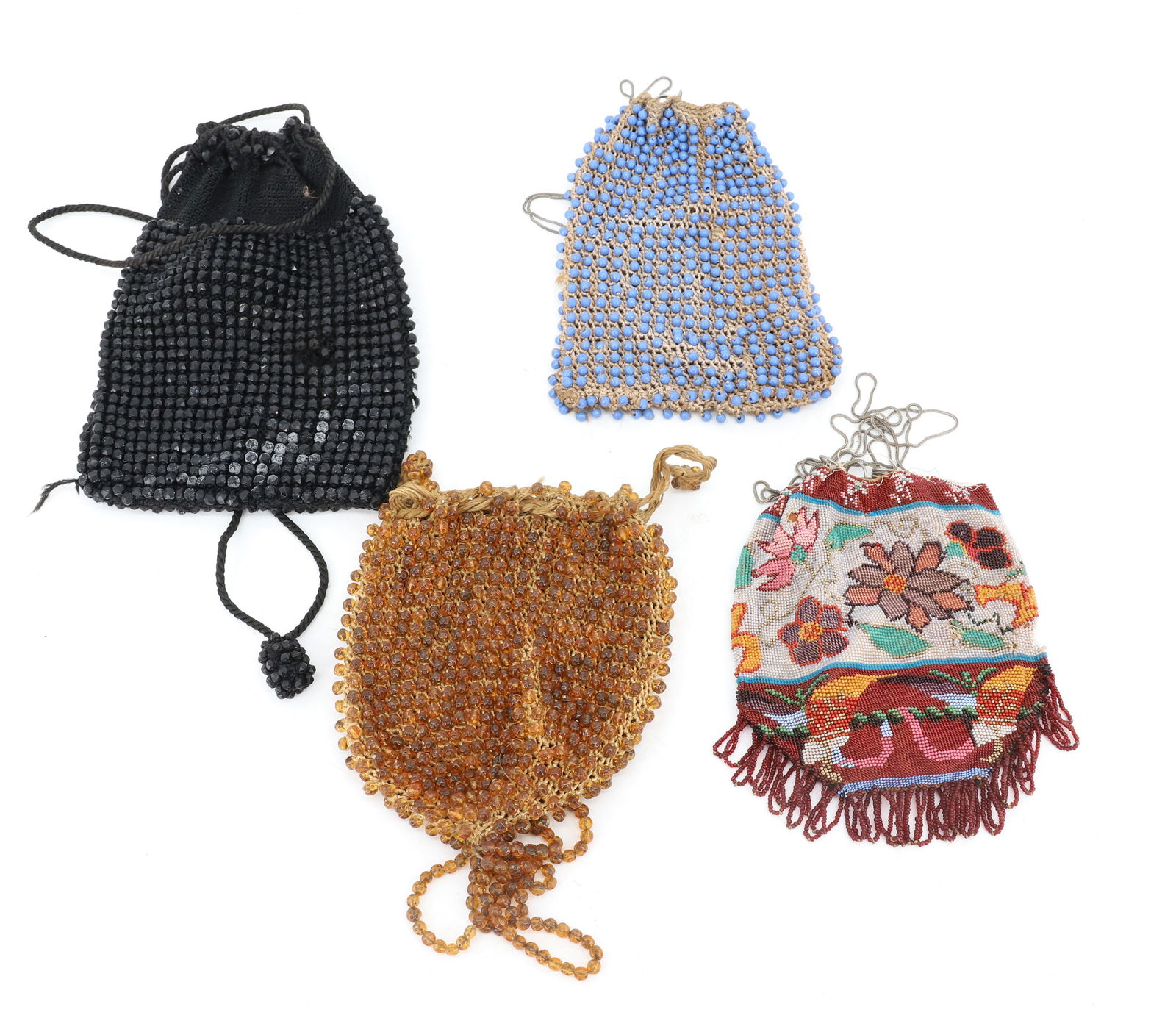 LOT OF (4) BEADED BAGS, PURSES: VARIOUS SIZE AND COLOR GLASS BEADS. LARGEST 8" X 5 1/2". PLEASE READ CAREFULLY - Terms for Purchasing and Shipping of Auction Items. Please read carefully before bidding. Hartzell?s Auction Gallery. H
