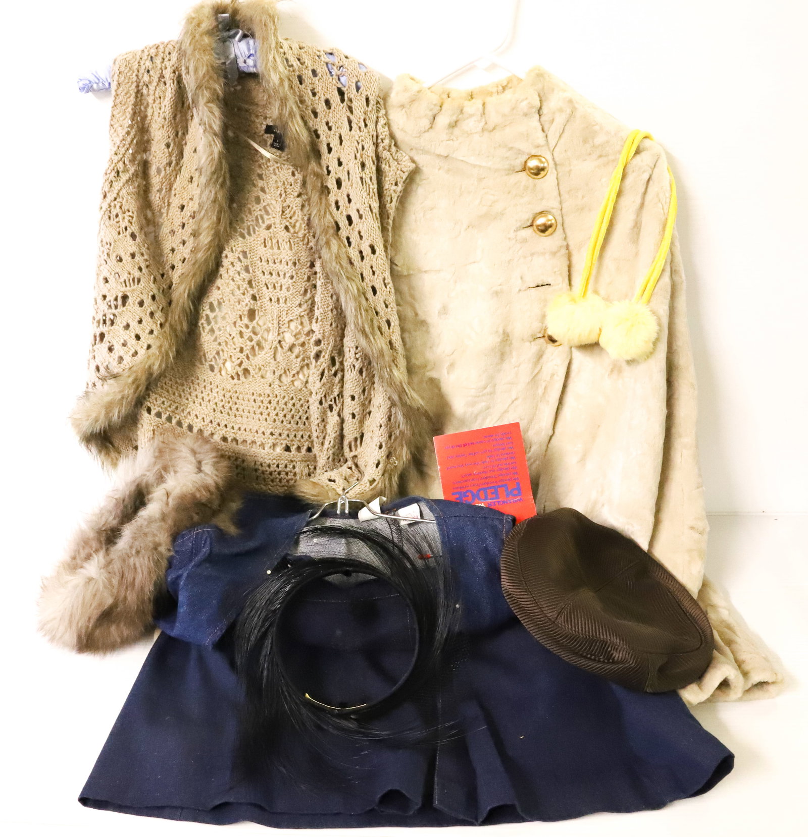 LOT OF VINTAGE CLOTHING: INCLUDING: WRANGLER DENIM VEST (LADIES L), DENIM SKIRT (PANT-HER), FUR TRIMMED VEST, HATS AND MORE. PLEASE READ CAREFULLY - Terms for Purchasing and Shipping of Auction Items. Please read carefully be