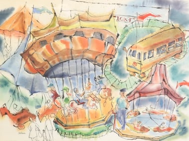 LARGE CARNIVAL SCENE, WATERCOLOR ON PAPER