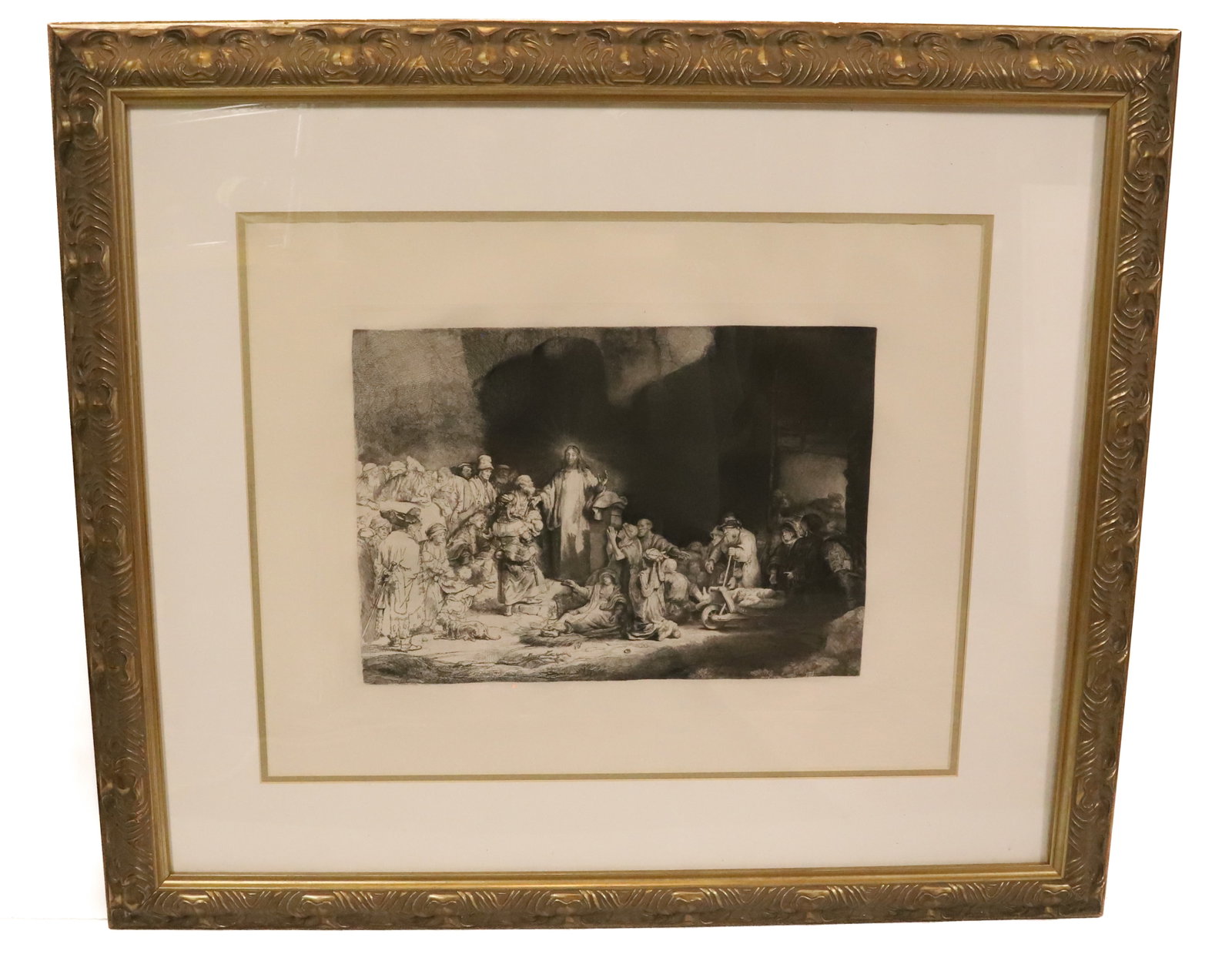 19TH C. HELIOGRAVURE BY CHARLES AMAND-DURAND: DEPICTS "1649 CHRIST RECEIVING THE SICK" AFTER REMBRANDT. MATTED AND FRAMED. 10 1/2" X 15 1/4" SIGHT VIEW. TOTAL SIZE 28 1/4" X 33 1/4". PLEASE READ CAREFULLY - Terms for Purchasing and Shipping of Au