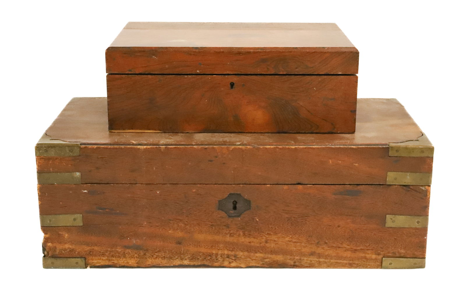 ANTIQUE TRAVEL DESK AND BOX: REVOLUTIONARY WAR WOOD / BRASS DESK BELONGING TO "FIFE MAJOR JOHN HALL, REVOLUTIONARY WAR" ACCORDING TO NOTE INSIDE. 20" L. WITH, HINGED LID STORAGE BOX 13" L. PLEASE READ CAREFULLY - Terms for Purcha