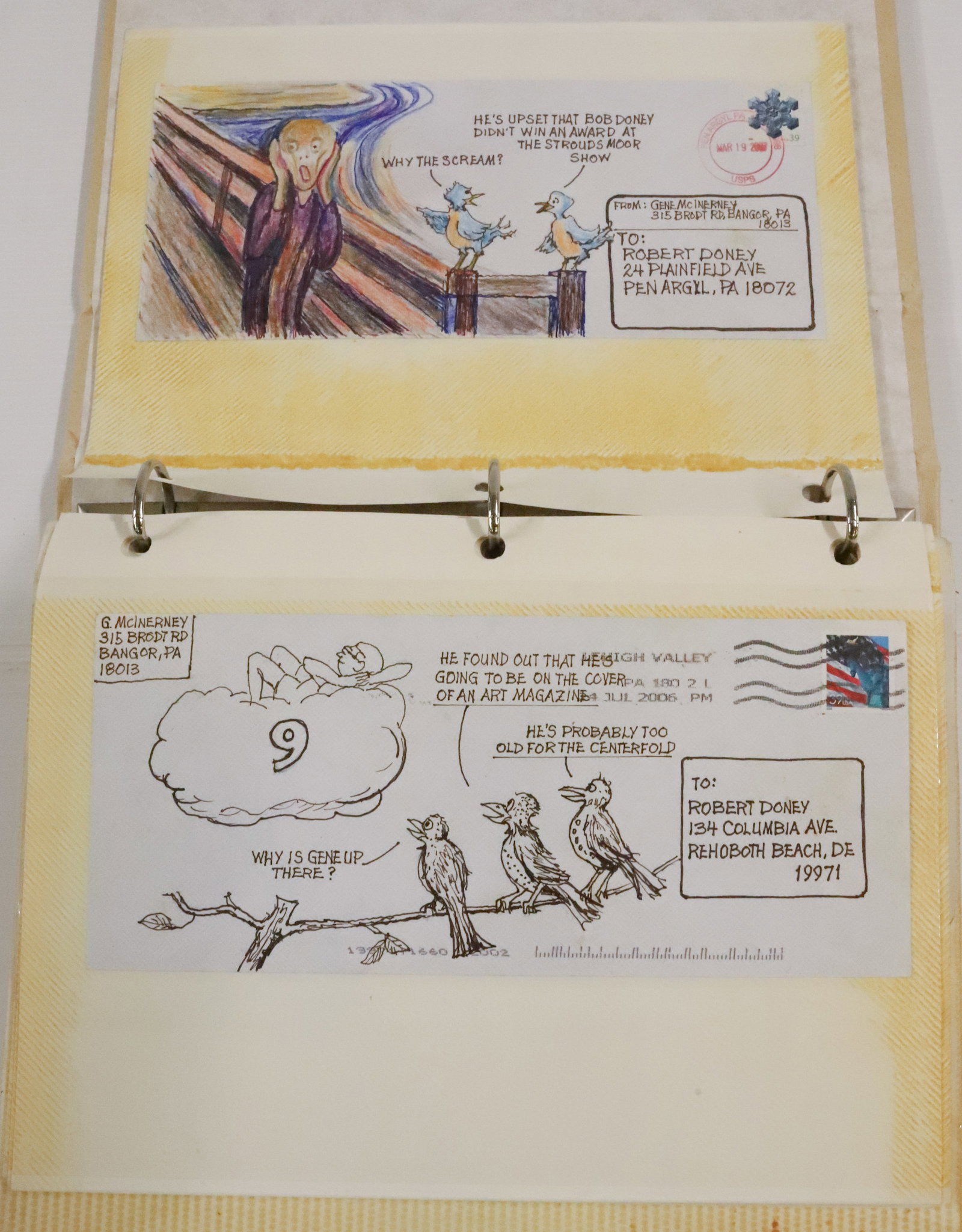 ALBUM OF (70+) ORIGINAL WORKS ON ENVELOPES: MAILED TO "GENE MCINERNEY" FROM BOB DONEY OR SENT TO "BOB DONEY" FROM GENE MCINERNEY. 2000S. PLEASE READ CAREFULLY - Terms for Purchasing and Shipping of Auction Items. Please read carefully before bi