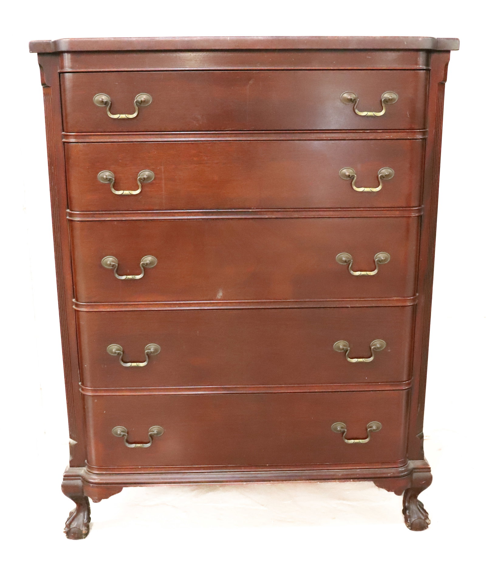GEORGETOWN GALLERIES MAHOGANY DRESSER: TALL FIVE DRAWER DRESSER WITH BRASS HARDWARE. SOLID MAHOGANY. 48" X 36 1/2" X 21 1/2". PLEASE READ CAREFULLY - Terms for Purchasing and Shipping of Auction Items. Please read carefully before bidding.