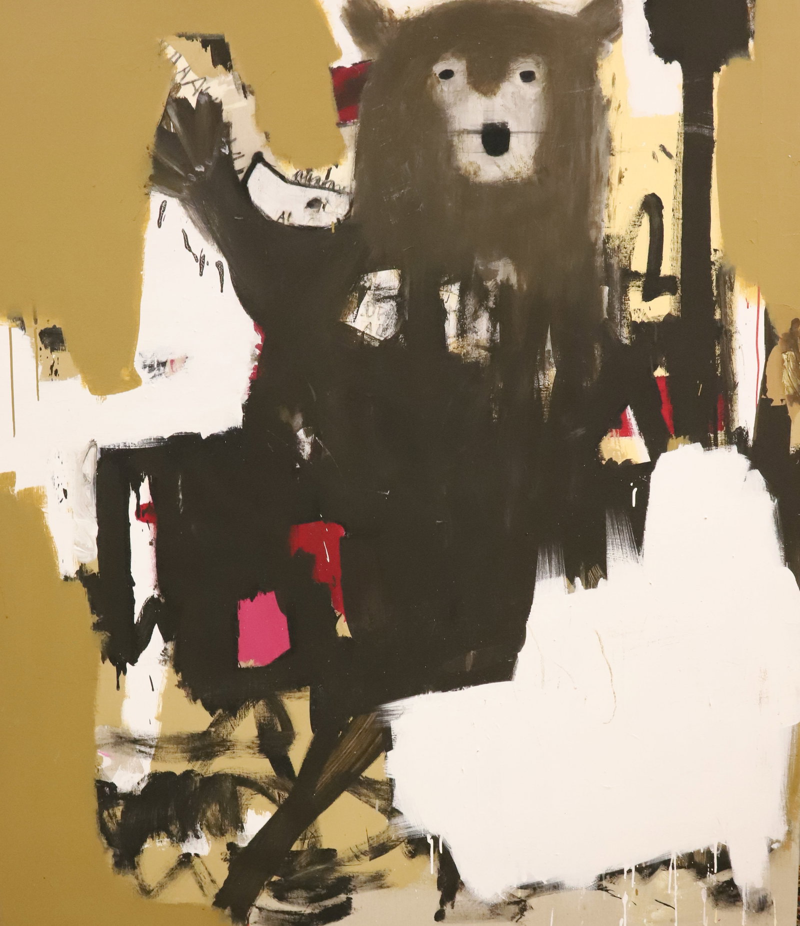 CONTEMPORARY OIL ON CANVAS: "THE WOLF 2020". OIL ON CANVAS ON BOARD. DEPICTS A BEAR WITH ARM RAISED. SGND/DATED ON BACK. 71" X 59 1/4".