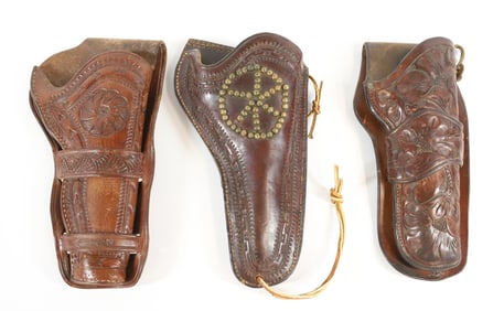 (3) HAND TOOLED LEATHER HOLSTERS