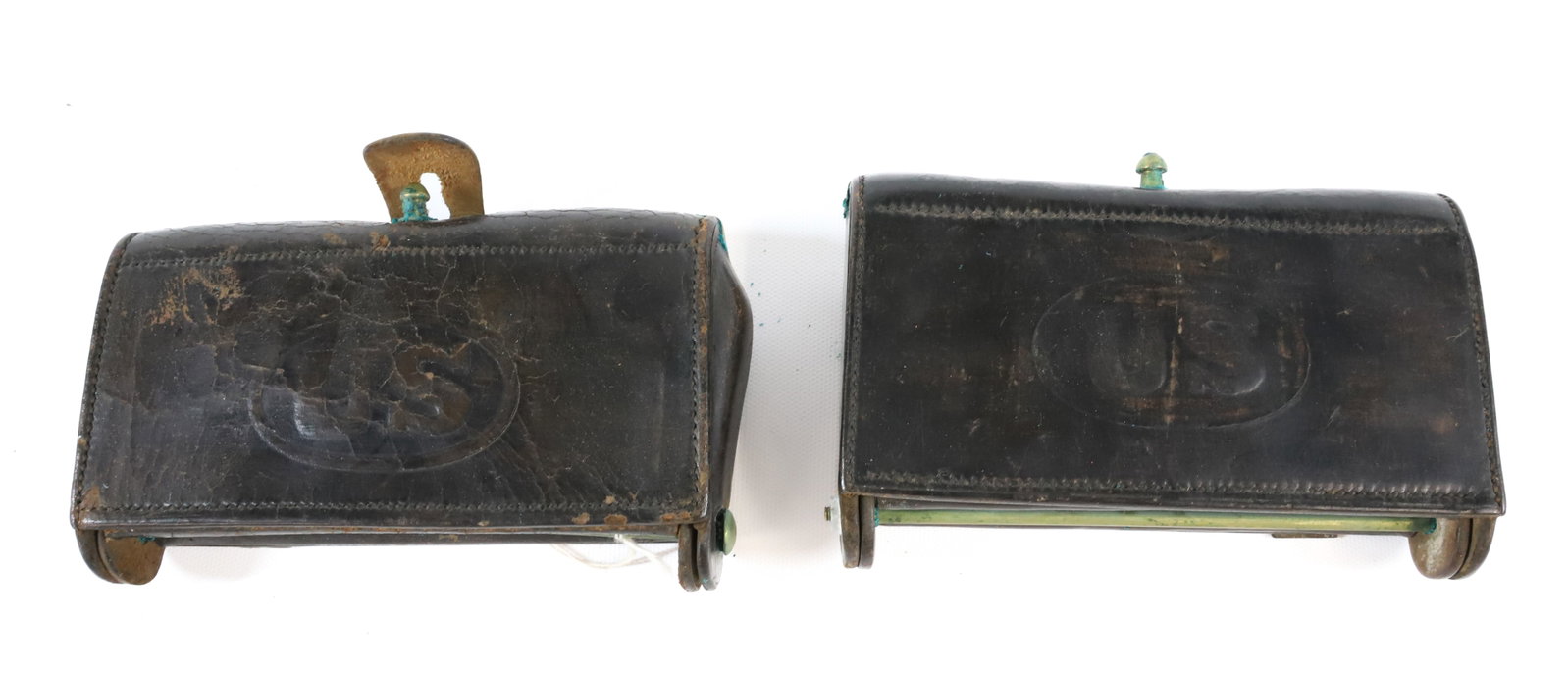 (2) U.S. CIVIL WAR ERA AMMO POUCHES: BOTH MARKED; A.R. SMITH ON INTERIOR - WATERVLIET ARSENAL, 6 1/4" L PLEASE READ CAREFULLY BEFORE BIDDING. ALL PAYMENTS MUST BE MADE BEFORE ITEMS CAN BE SHIPPED. BUYERS CAN PAY VIA LIVE AUCTIONEERS PAYM