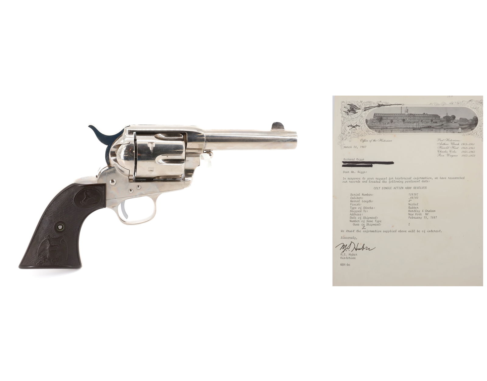 RARE COLT SINGLE ACTION ARMY SHERIFF'S MODEL REVOLVER: 44-40 CAL, SERIAL# 108382, 4" BARREL IN NICKEL - WITH COLT LETTER, ORIGINAL RUBBER GRIPS WITH EAGLE, ALL NUMBERS MATCHING ANTIQUE OR BLACK POWDER, NO REGISTRATION OR TRANSFER REQUIRED PLEASE READ CARE