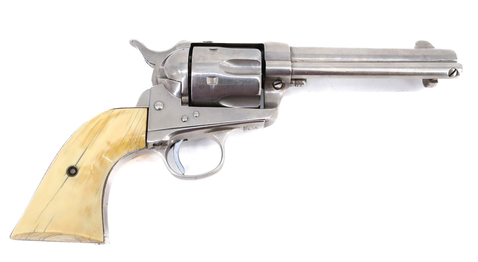 COLT FRONTIER SIX SHOOTER REVOLVER: 45 CAL, SERIAL# 188709, 4 1/2" BARREL, NICKEL FINISH, BONE GRIPS THIS GUN REQUIRES A BACKGROUND CHECK, FEDERAL FIREARMS LICENSE. OR TRANSFER TO AN FFL HOLDER PLEASE READ CAREFULLY BEFORE BIDDING. ALL