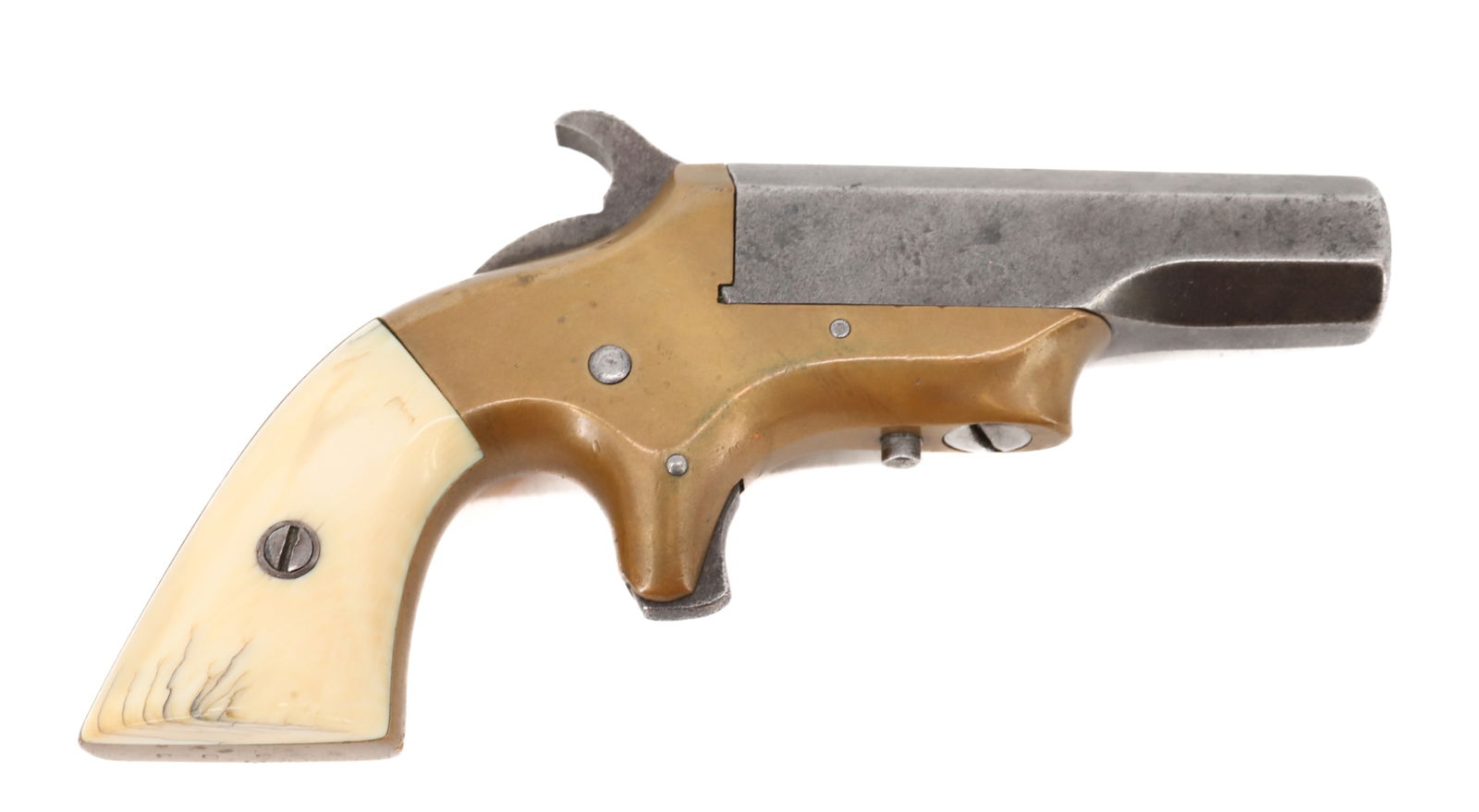 BROWN MFG. SOUTHERNER DERRINGER: 41 CAL, SERIAL# 5303, 2 1/2" - BRASS FRAME WITH BONE GRIPS ANTIQUE OR BLACK POWDER, NO REGISTRATION OR TRANSFER REQUIRED PLEASE READ CAREFULLY BEFORE BIDDING. ALL PAYMENTS MUST BE MADE BEFORE ITEMS CA