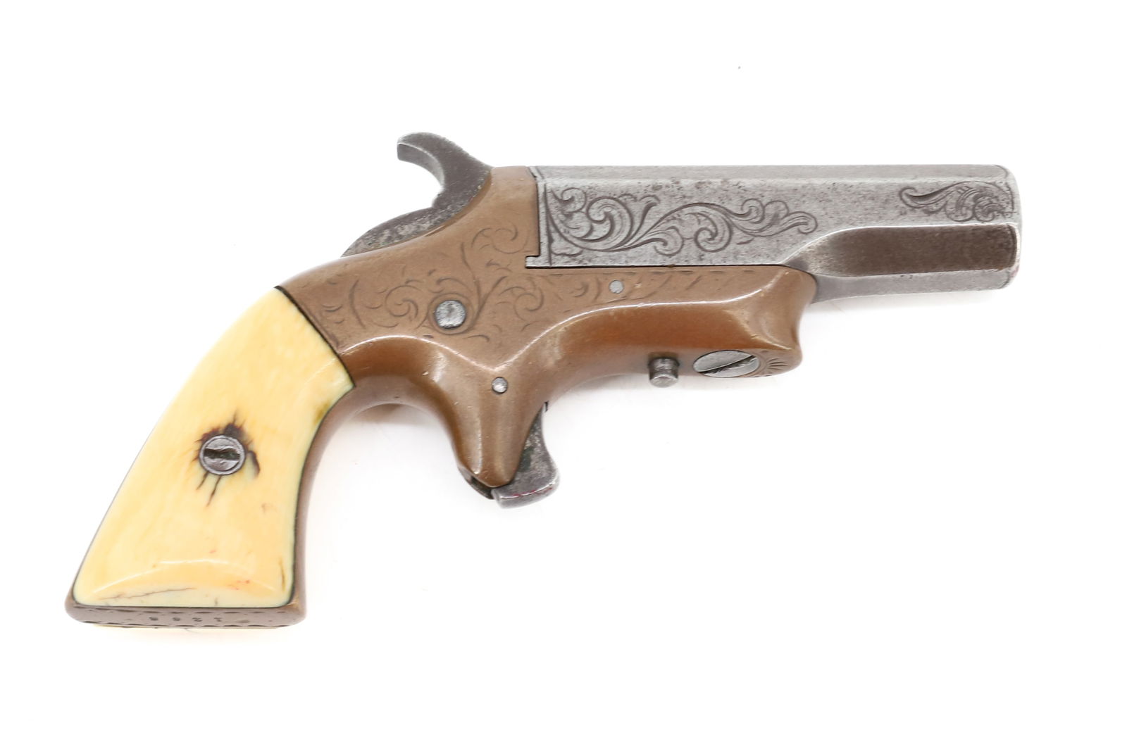 ENGRAVED MERRIMACK BROWN MFG. SOUTHERNER DERRINGER: 41 RIM FIRE, SERIAL# 1268, 2 1/2" ENGRAVED BRASS FRAME, BONE GRIPS ANTIQUE OR BLACK POWDER, NO REGISTRATION OR TRANSFER REQUIRED PLEASE READ CAREFULLY BEFORE BIDDING. ALL PAYMENTS MUST BE MADE BEFORE