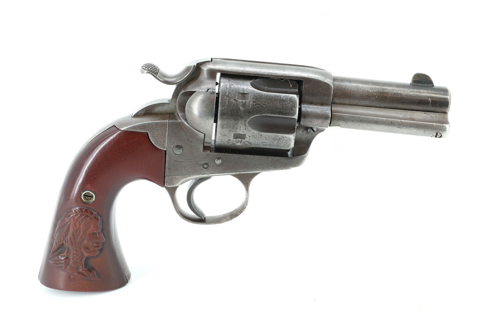 COLT SINGLE ACTION ARMY BISLEY REVOLVER: 38 WCF, SERIAL# 241544, 3 1/4" BARREL, MFG. 1903 - NATIVE AMERICAN FIGURAL GRIPS THIS GUN REQUIRES A BACKGROUND CHECK, FEDERAL FIREARMS LICENSE. OR TRANSFER TO AN FFL HOLDER PLEASE READ CAREFULLY BEFO