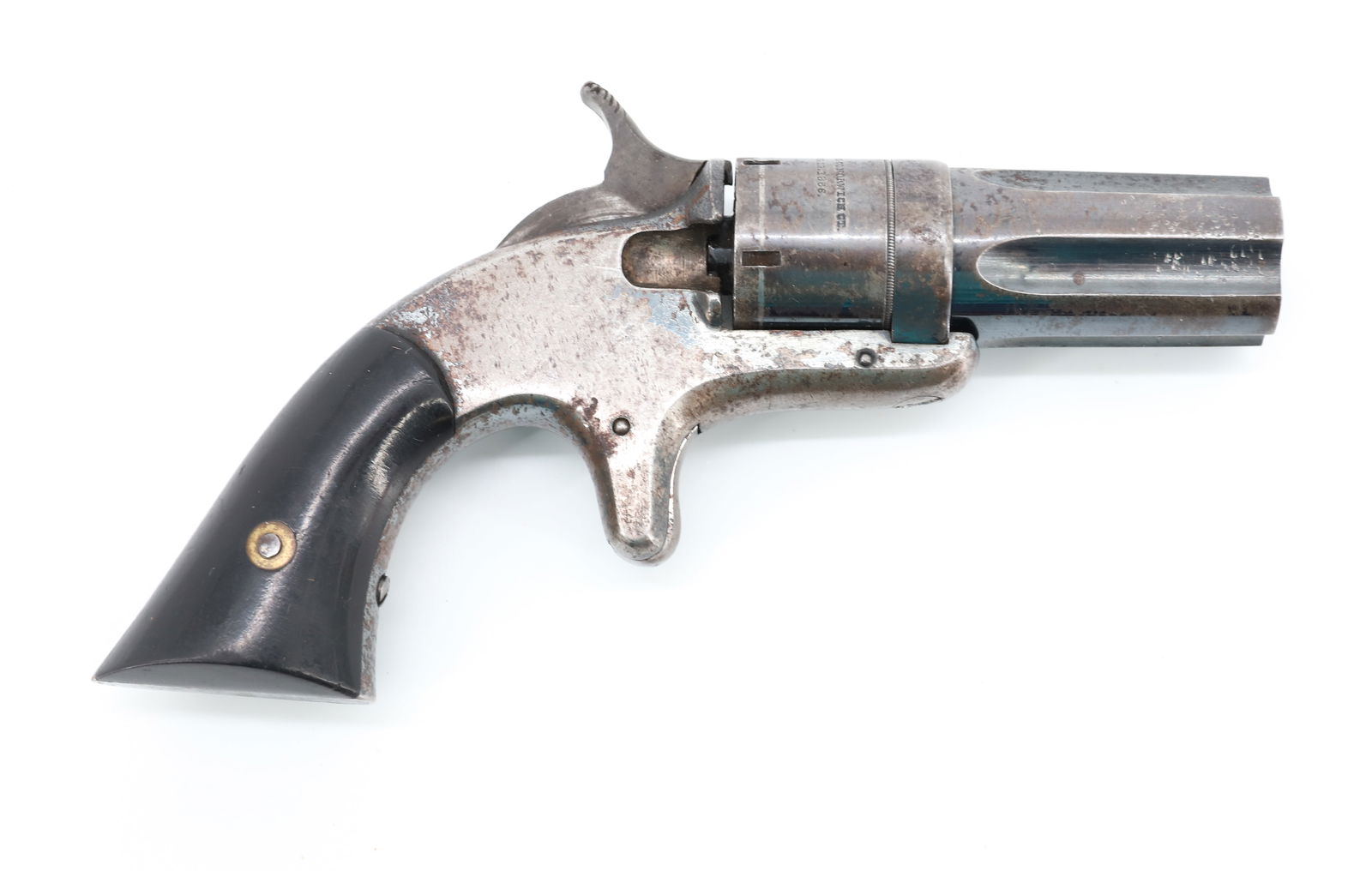 CONTINENTAL ARMS PEPPER BOX REVOLVER: 22 CAL, SERIAL# NA, 2 1/2" BARREL - TRACES OF ORIGINAL BLUE ANTIQUE OR BLACK POWDER, NO REGISTRATION OR TRANSFER REQUIRED PLEASE READ CAREFULLY BEFORE BIDDING. ALL PAYMENTS MUST BE MADE BEFORE ITEMS C