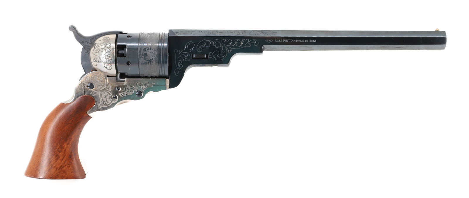 F. LLIPIETTA ITALIAN BLACK POWDER REVOLVER: CAN AND BALL, TEXAS PATTERSON, 36 CAL, SERIAL# 3864 - CASED WITH 9" BARREL ANTIQUE OR BLACK POWDER, NO REGISTRATION OR TRANSFER REQUIRED PLEASE READ CAREFULLY BEFORE BIDDING. ALL PAYMENTS MUST BE MADE