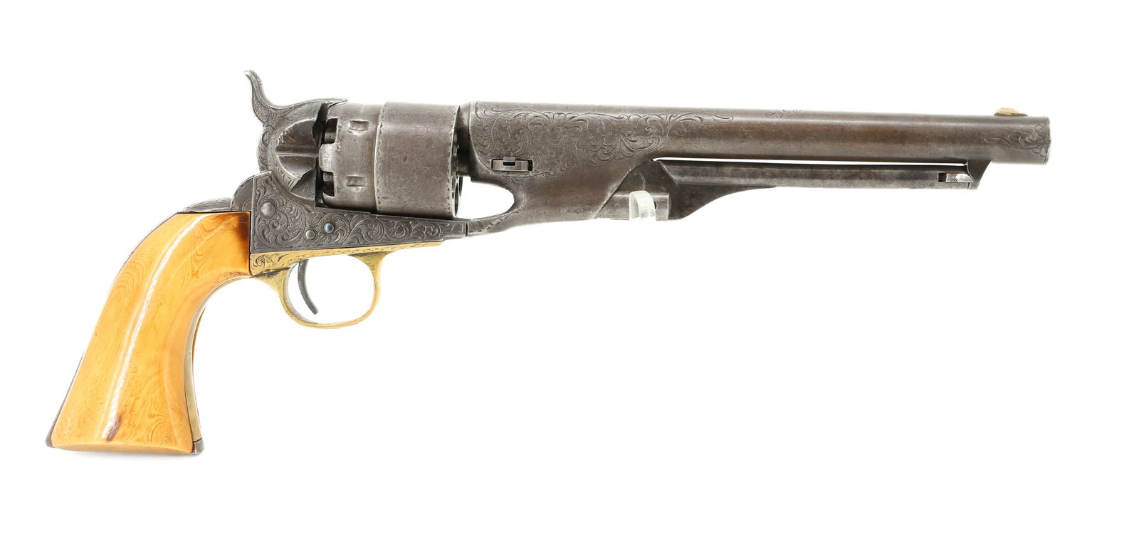 CASED COLT ARMY MODEL 1860 REVOLVER: 44 CAL, SERIAL# 152452 (IP) - 8" BARREL, ENGRAVED, WITH BONE GRIPS - IN CASE WITH POWDER FLASK, MOLD, CAPS, AND MORE ANTIQUE OR BLACK POWDER, NO REGISTRATION OR TRANSFER REQUIRED PLEASE READ CAREFULLY