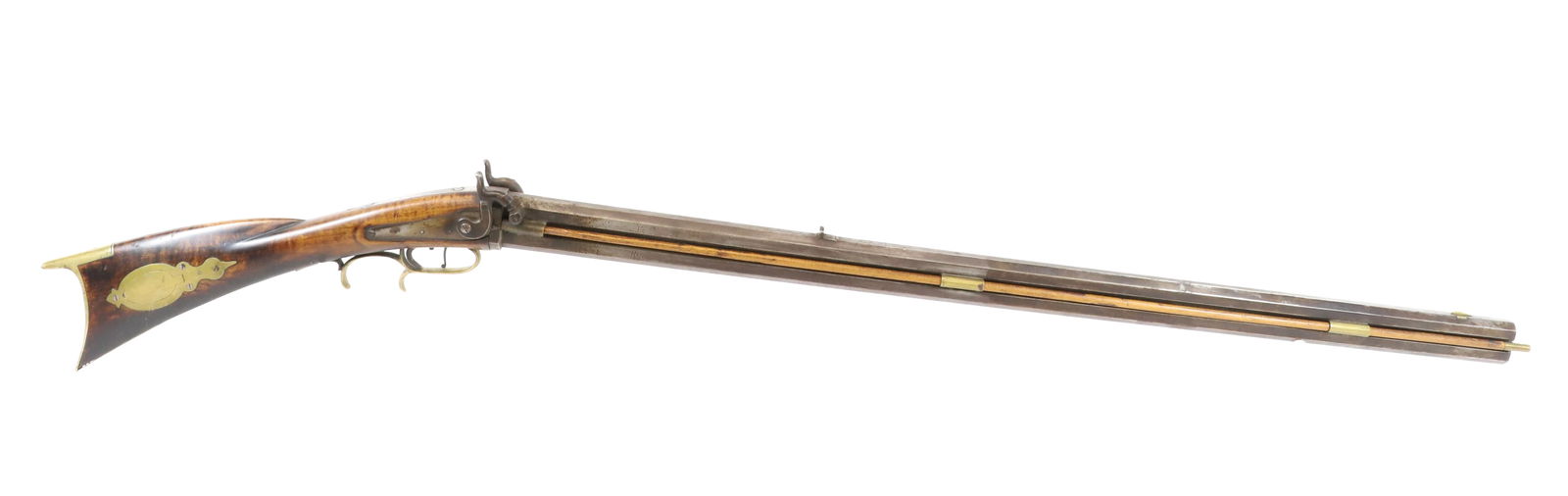 PENNSYLVANIA OVER AND UNDER PERCUSSION LONG RIFLE: COMBINATION RIFLE, OVER AND UNDER - 44 CAL OVER 16 GAUGE - MAPLE STOCK WITH MOON INLAY, PATCH BOX FIGURED STOCK -52" OVERALL LENGTH ANTIQUE OR BLACK POWDER, NO REGISTRATION OR TRANSFER REQUIRED PLEASE