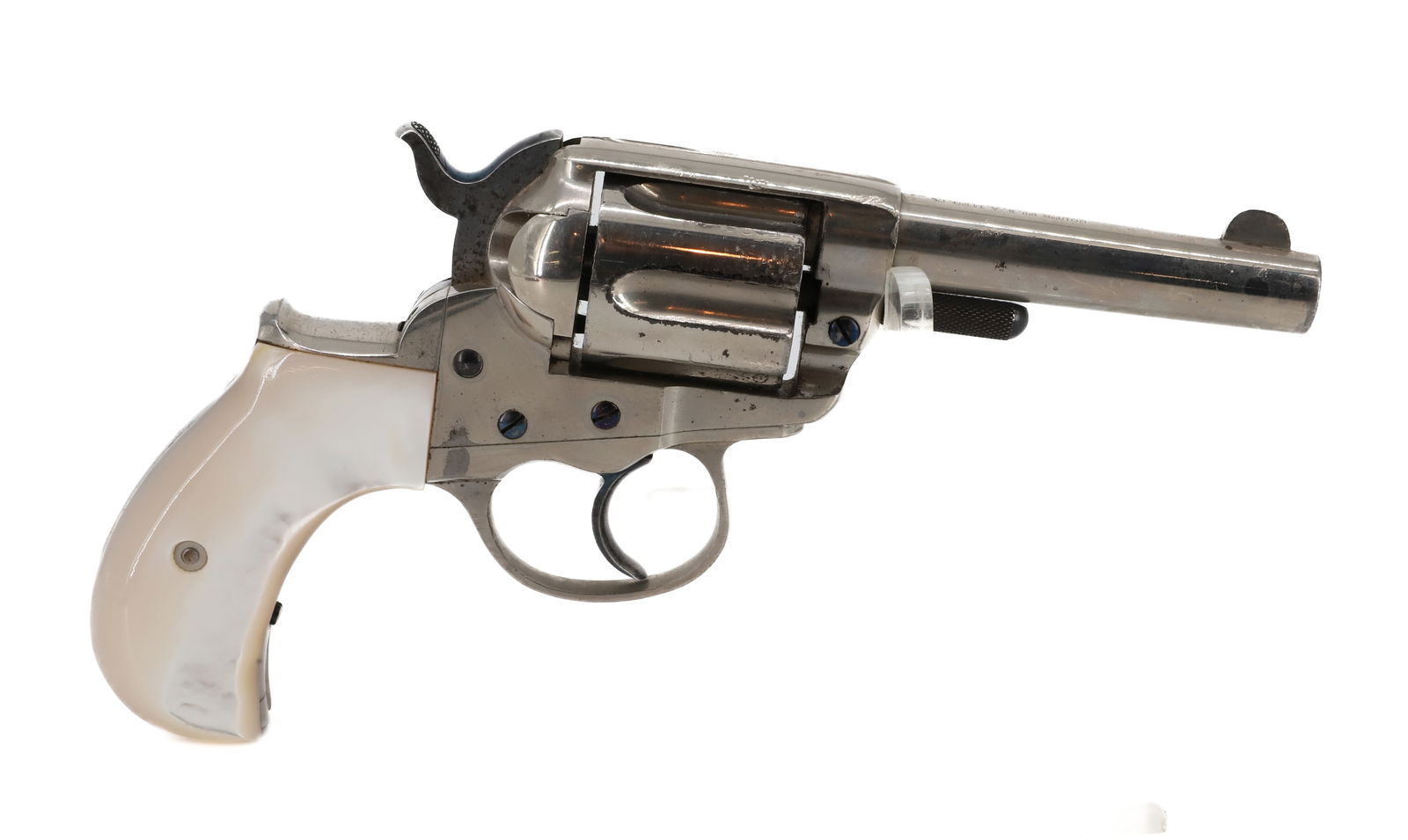 COLT DA MODEL REVOLVER: 38 SPECIAL, SERIAL# 89256, 3 1/2" BARREL, NICKEL PLATED WITH MOTHER OF PEARL GRIPS - MFG. 1895 - IN HOMEMADE DISPLAY BOX WITH NOVELTY ITEMS ANTIQUE OR BLACK POWDER, NO REGISTRATION OR TRANSFER REQUIRE