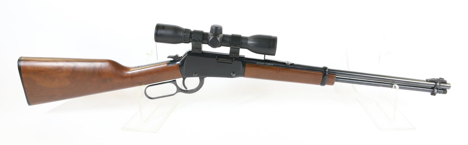 HENRY LEVER ACTION RIFLE: 22 S/L/LR, SERIAL# 505822H, 19" BARREL - WITH BSA SCOPE THIS GUN REQUIRES A BACKGROUND CHECK, FEDERAL FIREARMS LICENSE. OR TRANSFER TO AN FFL HOLDER PLEASE READ CAREFULLY BEFORE BIDDING. ALL PAYMENTS 