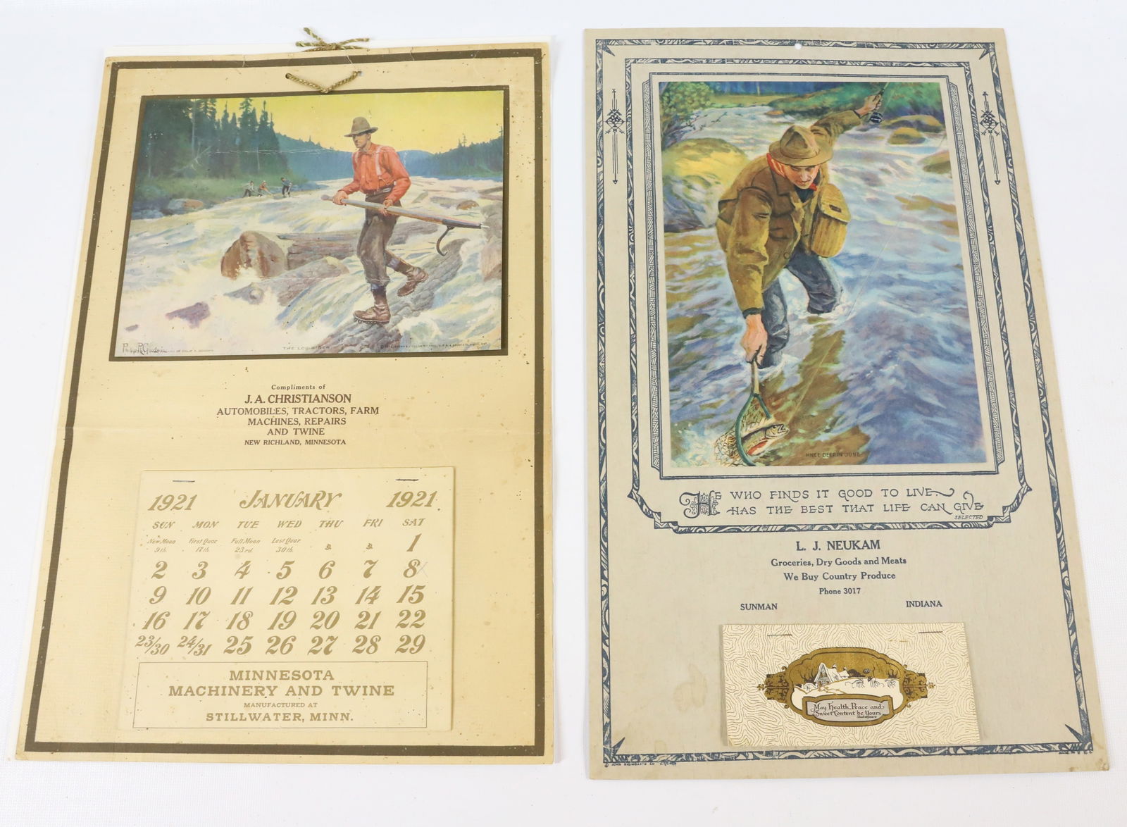 (2) EARLY CALENDARS: "KNEE DEEP IN JUNE" AND "THE LOG RIDER". PHILLIP GOODWIN DESIGNS. 1920 AND 1930. 17" X 11". - PICK-UP FOR THIS AUCTION WILL BE ON MONDAY NOVEMBER 3RD, TUESDAY NOVEMBER 4TH, WEDNESDAY NOVEMBER 5TH, AND