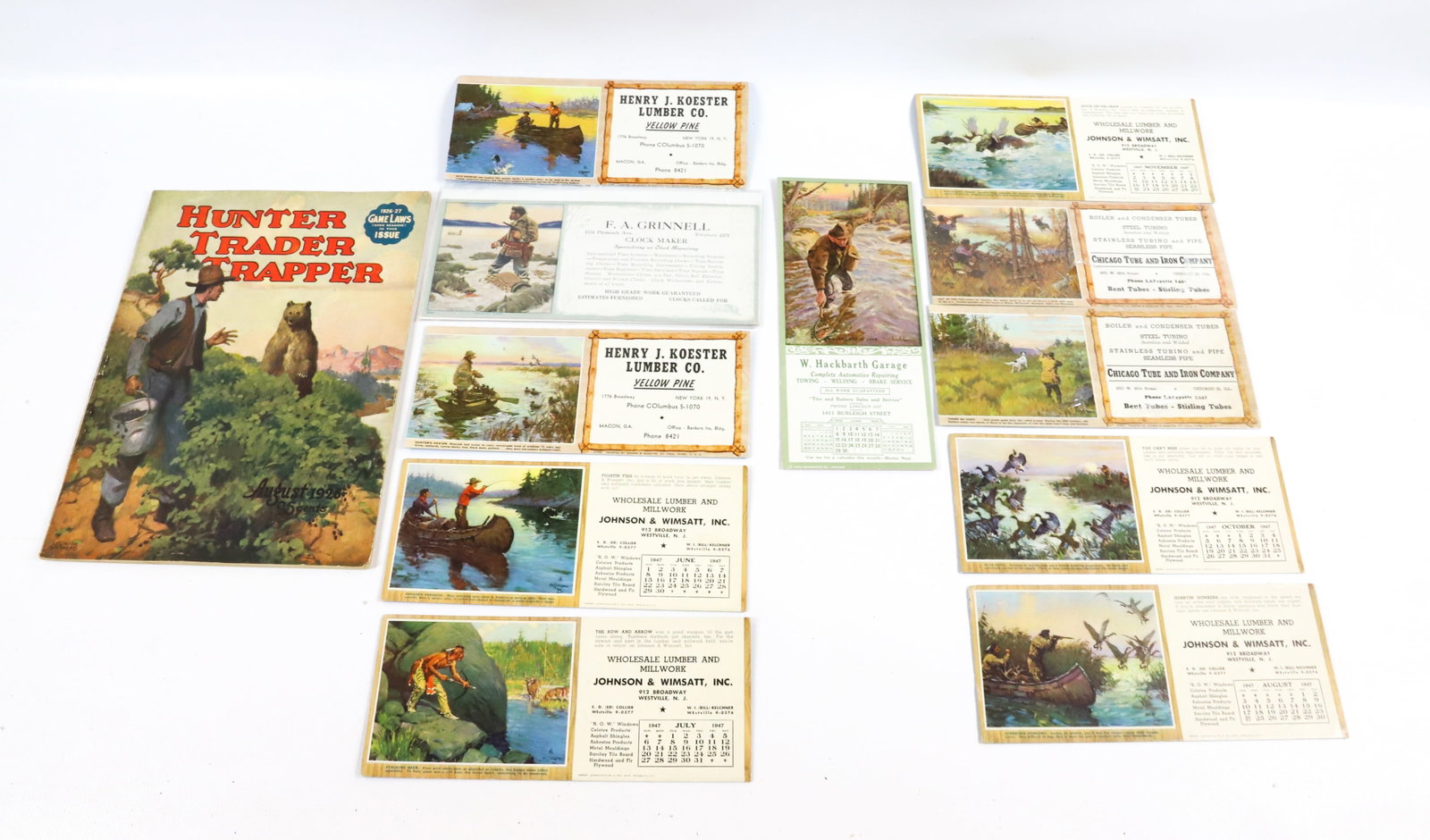 LOT OF OUTDOOR MAGAZINES AND ADVERTISEMENTS: INCLUDING: 1926/1927 HUNTER TRADER TRAPPER MAGAZINE. JOHNSON & WIMSATT INC. ADVERTISING CALENDARS. PLUS MORE. MAGAZINE 12" X 9". - PICK-UP FOR THIS AUCTION WILL BE ON MONDAY NOVEMBER 3RD, TUESDAY NOVE