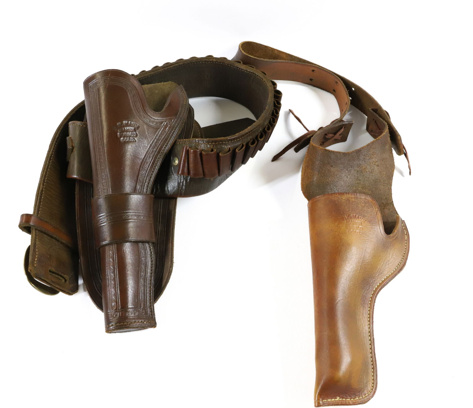 LOT OF TWO HANDMADE HOLSTERS: HOLSTER WITH LEATHER BELT 39" L. PUEBLO, COLORADO MAKER R.K. MAUK. BOTH BY SAME MAKER. - PICK-UP FOR THIS AUCTION WILL BE ON MONDAY NOVEMBER 3RD, TUESDAY NOVEMBER 4TH, WEDNESDAY NOVEMBER 5TH, AND THUR